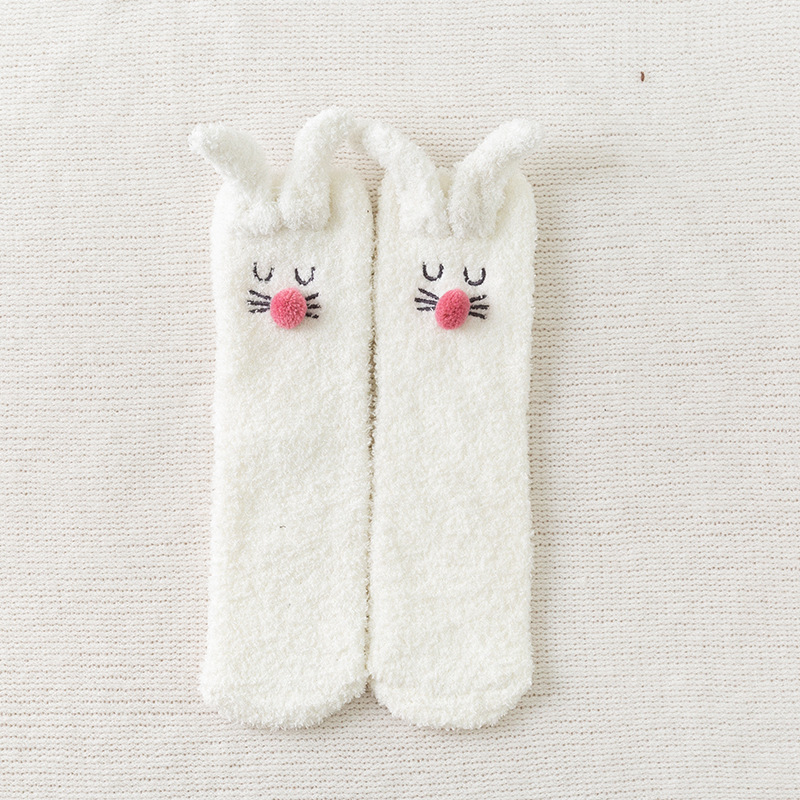 Winter Three-dimensional Rabbit Ears Soft Coral Cashmere Socks Cashmere Girl Home Floor Socks Fluffy Fuzzy Socks